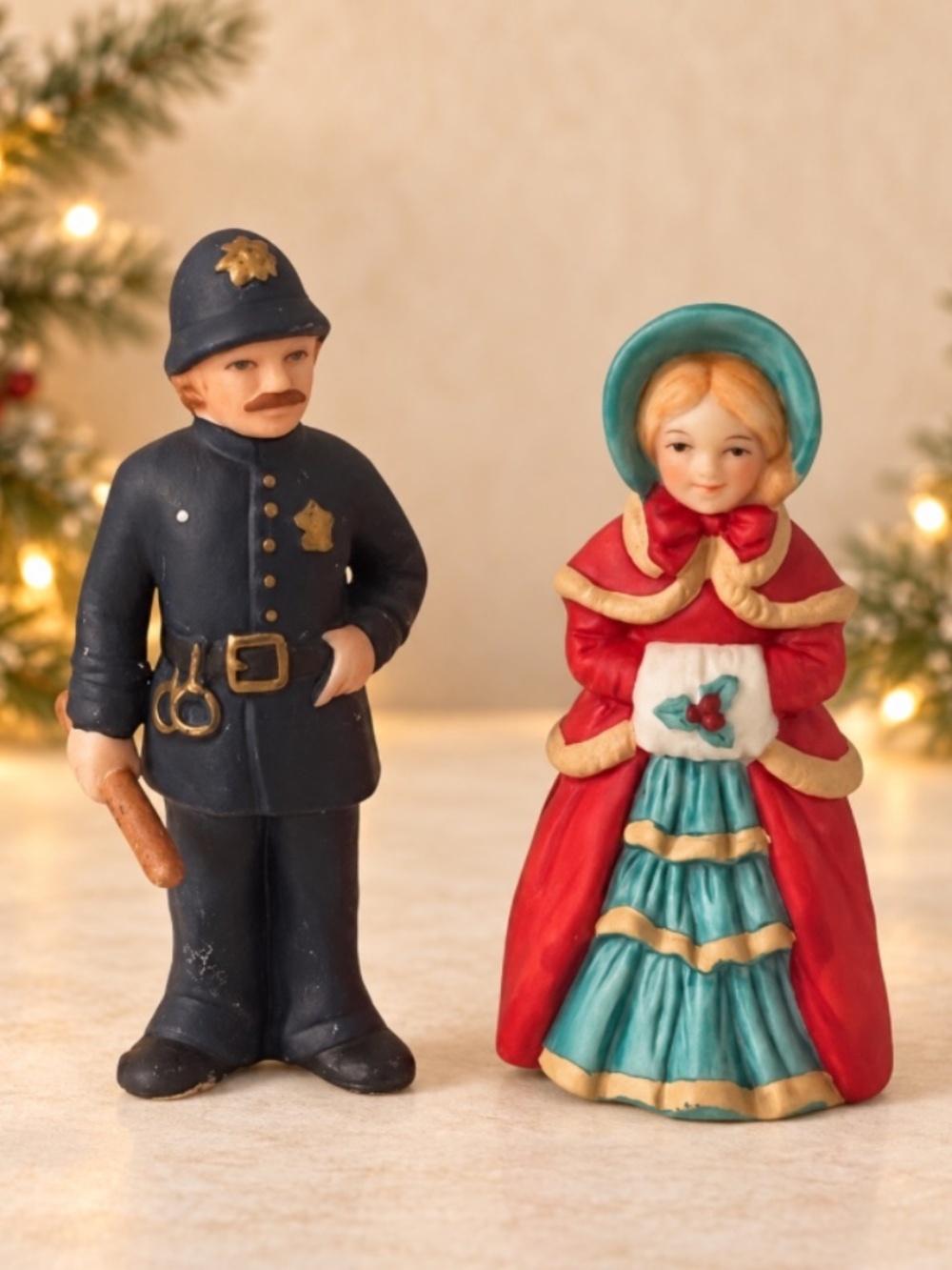 Set of 2 Lefton Vintage Christmas Village Figurines Officer Casey & Mrs Notfel